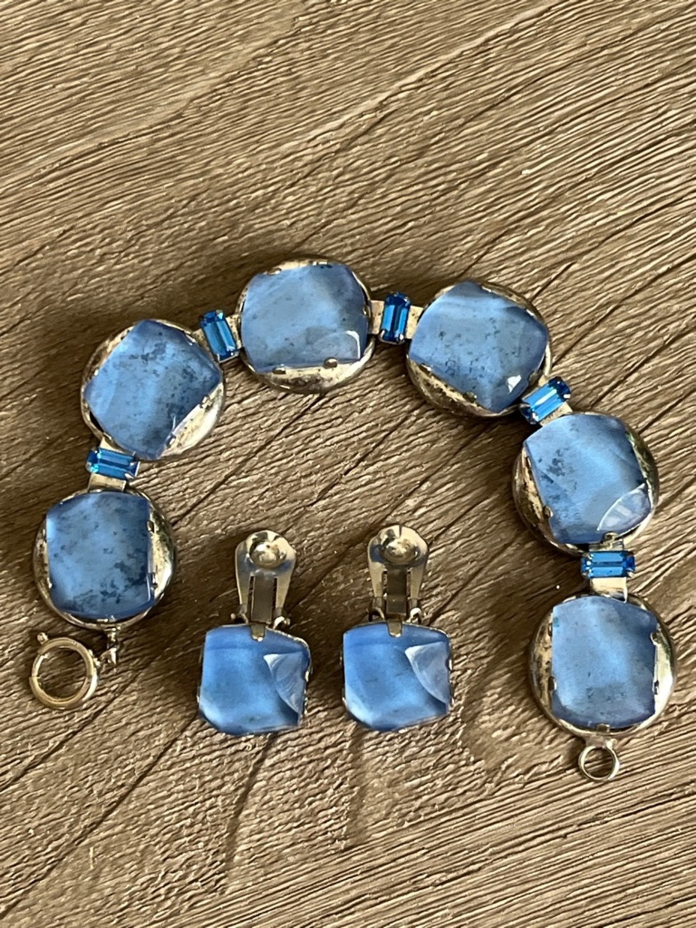 VINTAGE GERMANY Blue Glass Stone Bracelet Matching Earrings - Unbranded 50’s